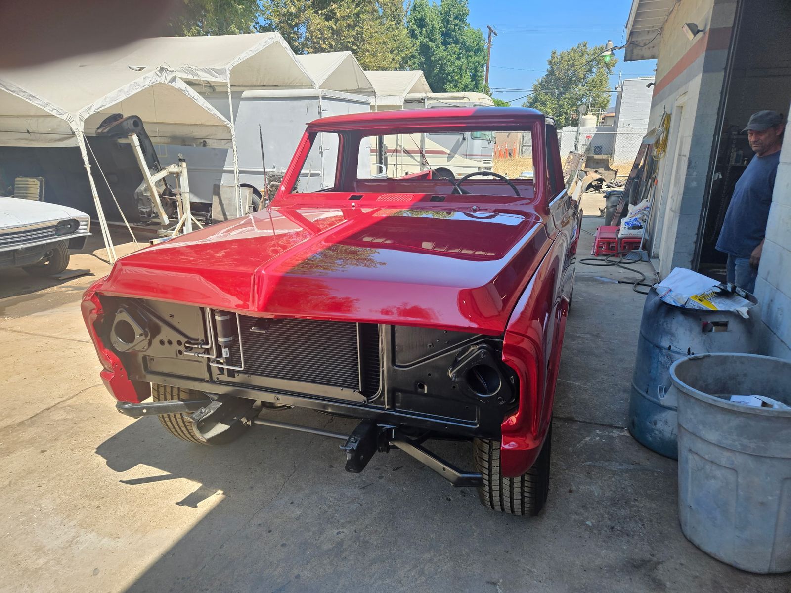 Chevrolet C-Series long bed mid-restoration with the front clip removed at M & J Restorations