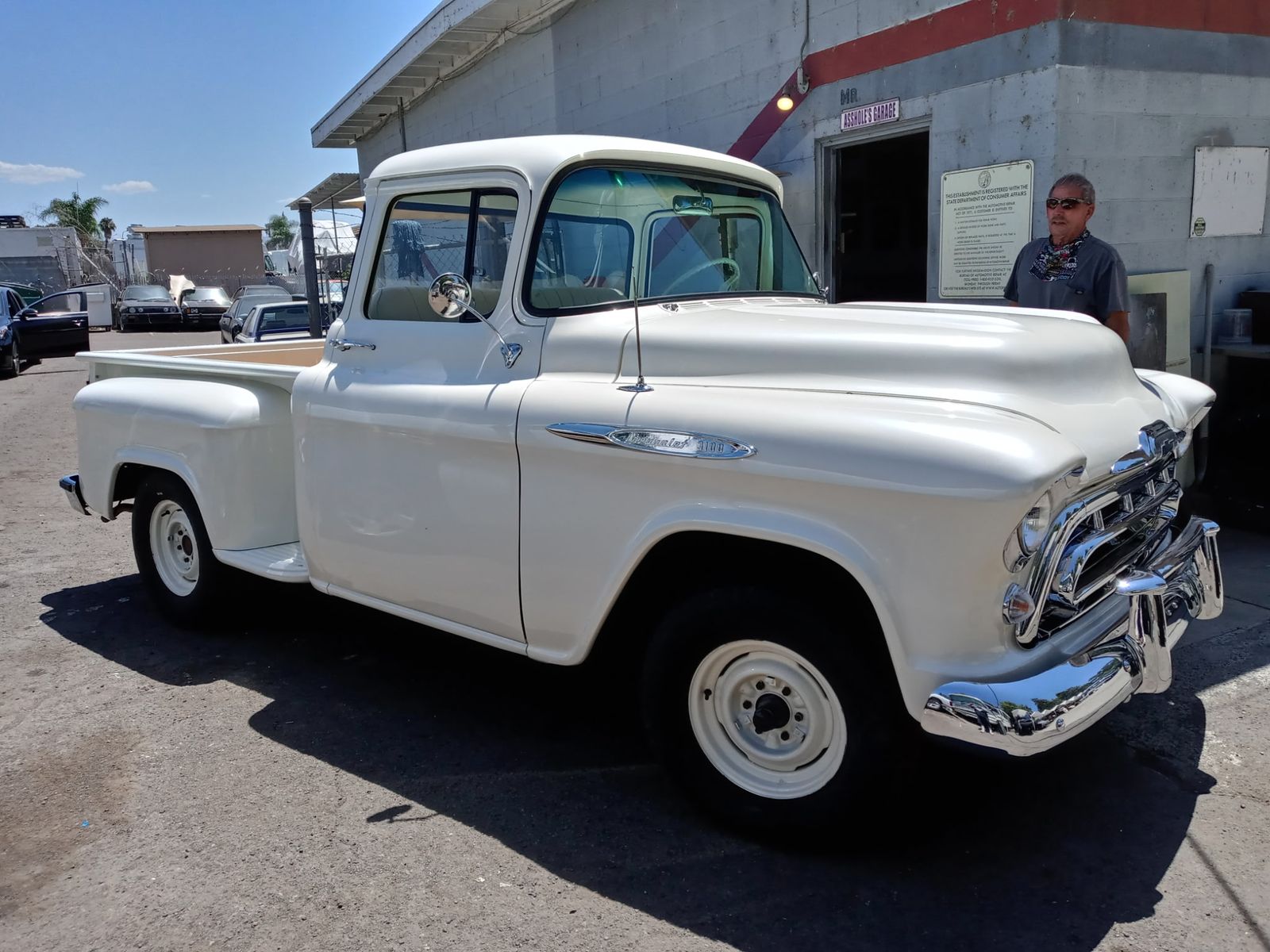 1957 Chevrolet 3100 — Front three-quarter at the shop.