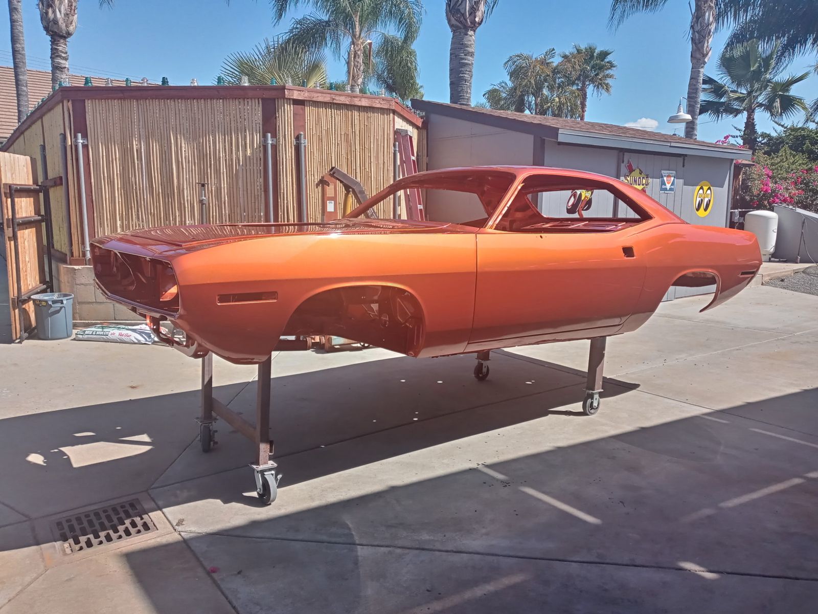 1970 Plymouth 'Cuda — Bare shell on the cart, Hemi orange.