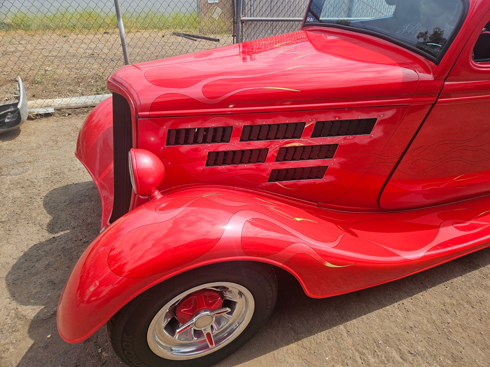 1934 Ford Three-Window Coupe — Hood side louvers and pinstripe detail.