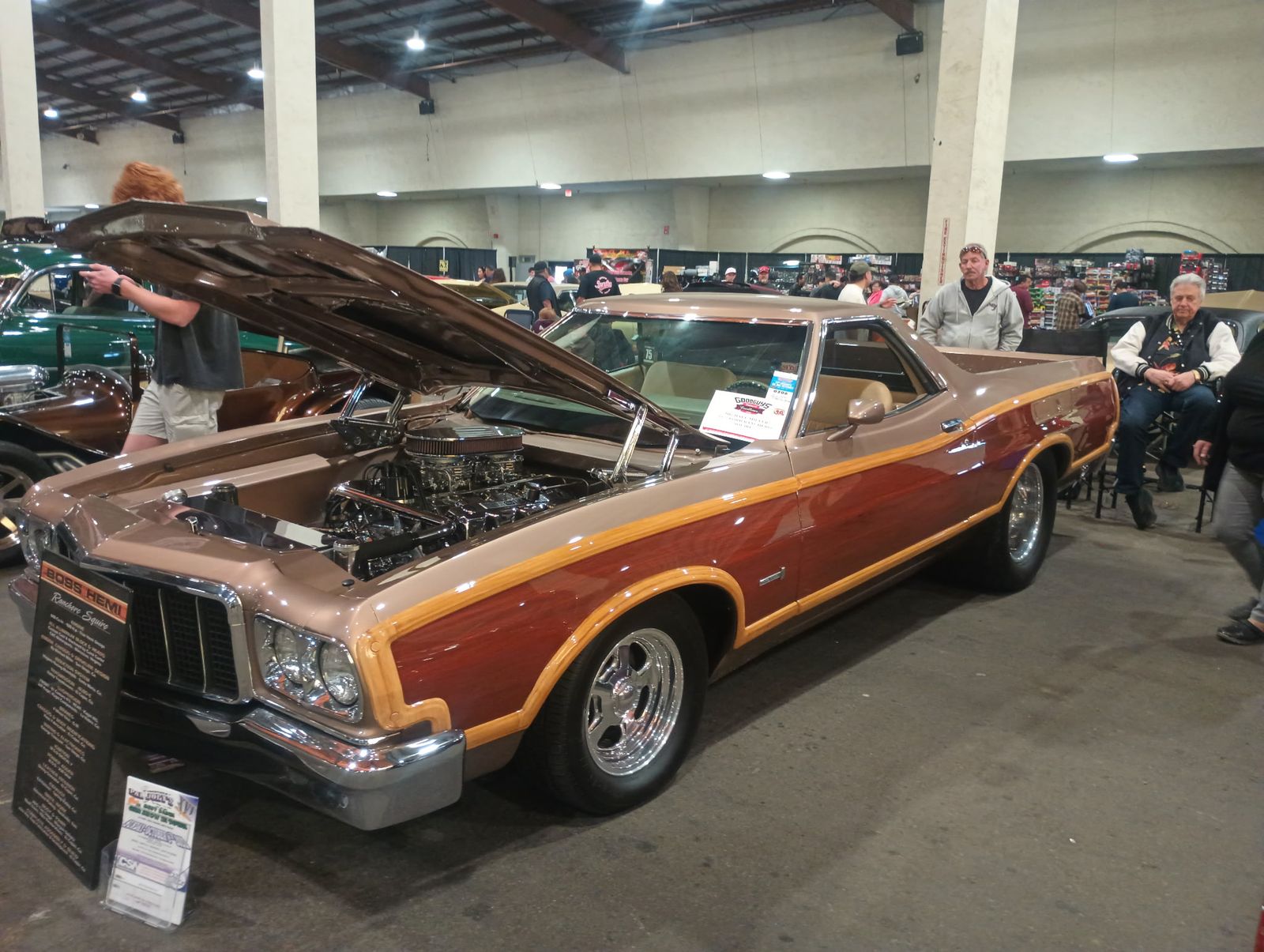 Ford Ranchero Squire — Woodgrain flank and dressed engine bay.